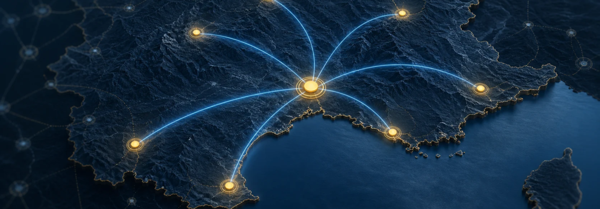 Carte régionale structurée autour de quelques pages locales reliées avec clarté
