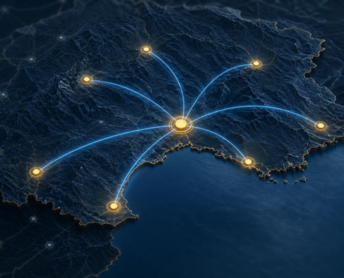 Carte régionale structurée autour de quelques pages locales reliées avec clarté